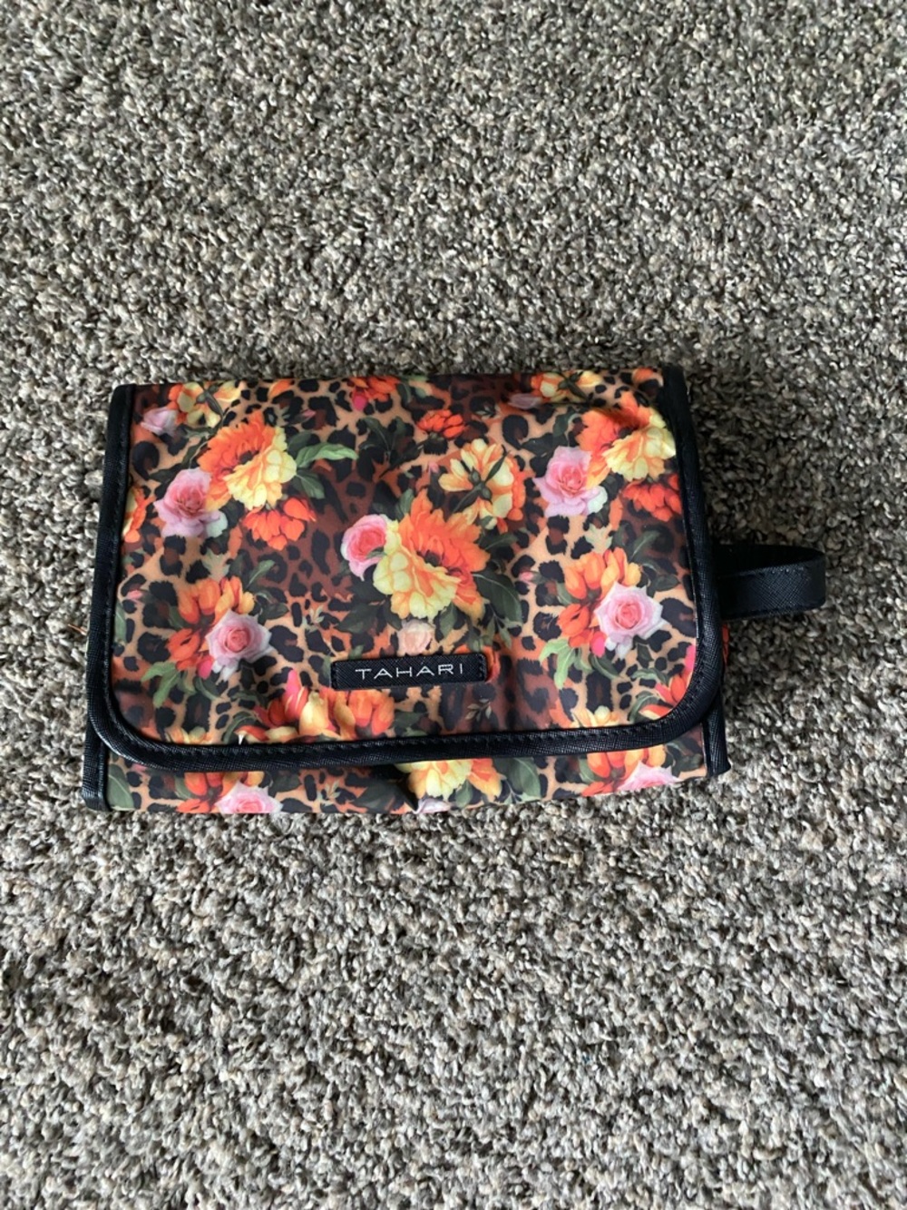 Tahari Floral & Leopard Print Travel Cosmetic Pouch in Black